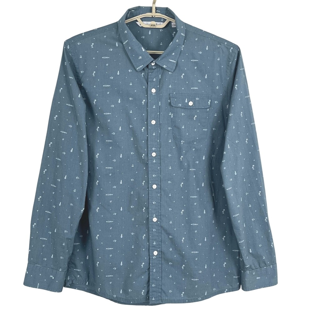 TravisMathew Mens Nautical Print Shirt XL Blue Button Down Long Sleeve Tropical